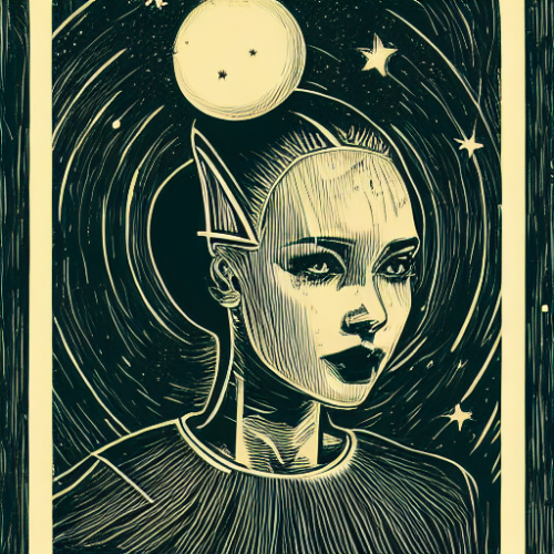 1473833334 Woodcut portrait of a beautiful cute girl with robot ears by falling into the stars greg 